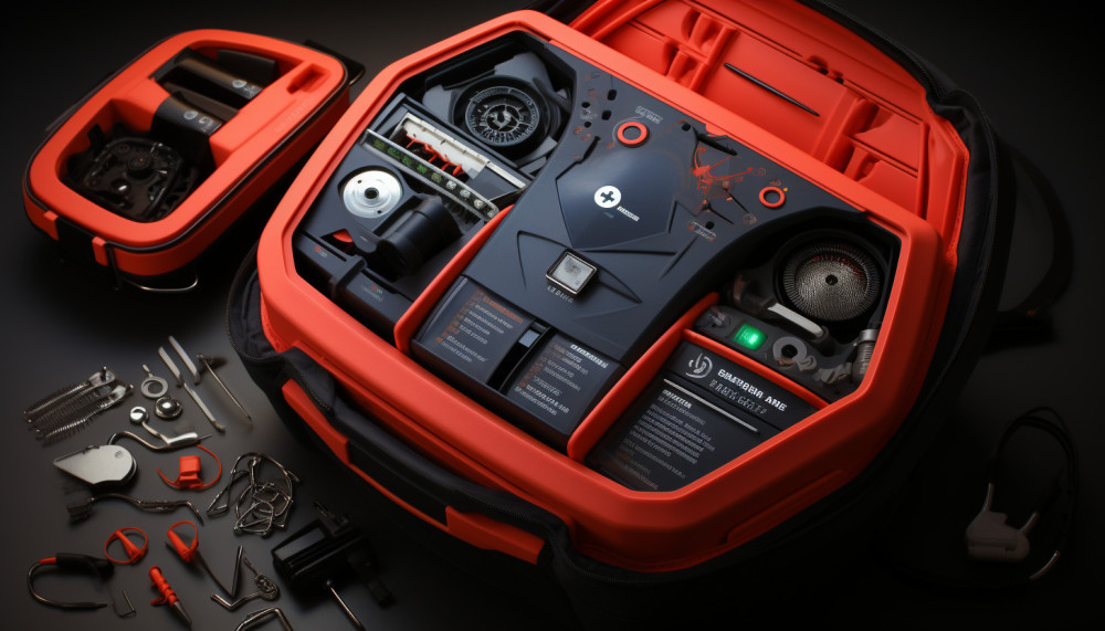 Zoom sur les composants d'un défibrillateur automatique externe